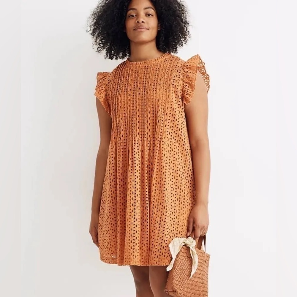 Madewell 100% Cotton Eyelet Pintuck Ruffle Dress Rust‎ Size Medium